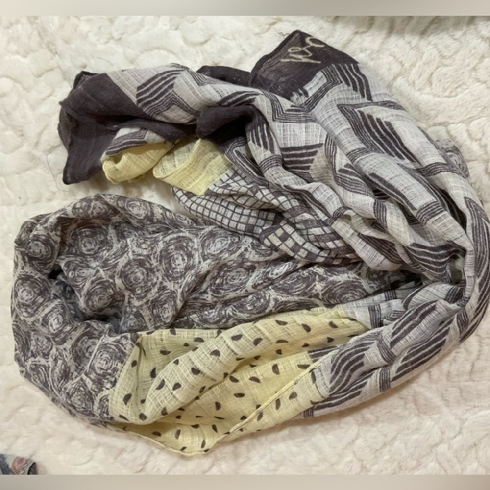 BCBGeneration Neutral Patterned Lightweight Scarf in Black, Gray, Cream, Yellow